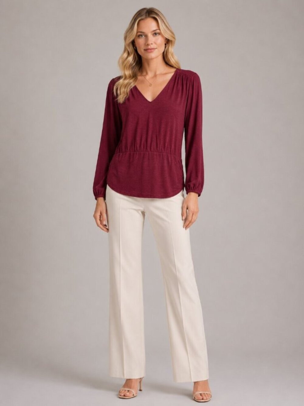 NWT White House Black Market Long Sleeve V Neck Banded Top Zinfandel XXS